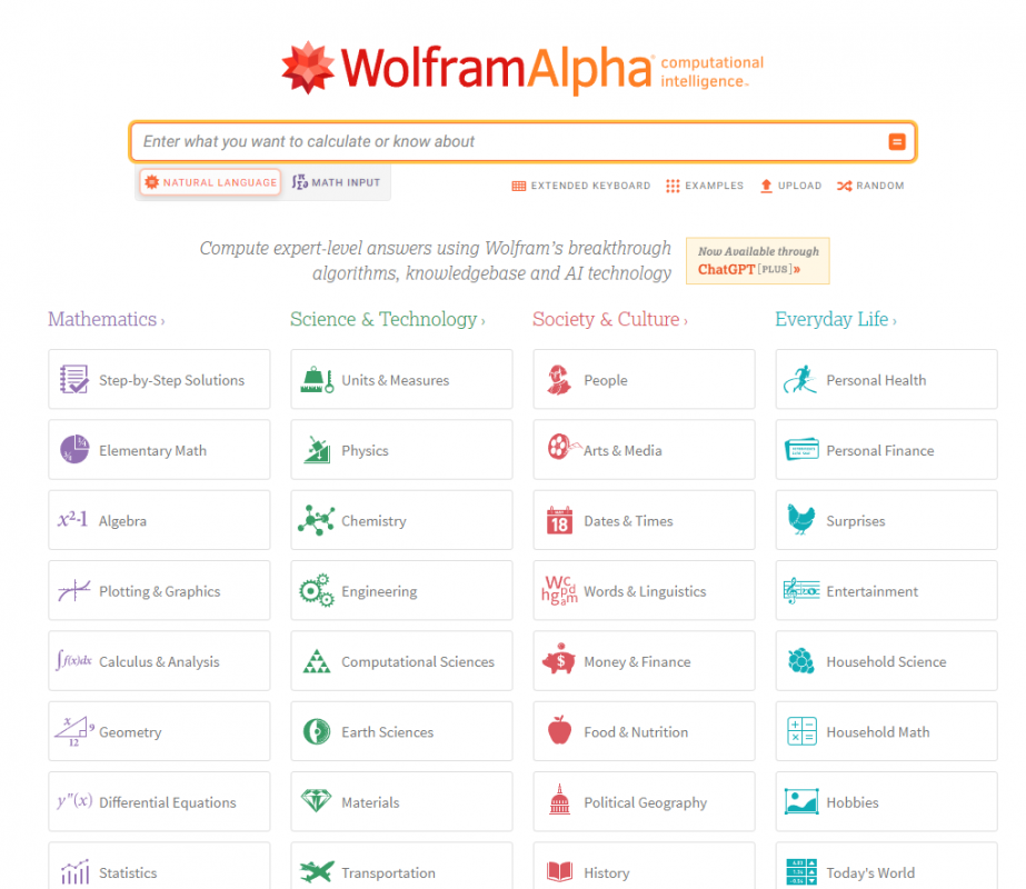 Screenshot of wolfram alpha homepage with options for math calculations, science, society and culture, and everyday life