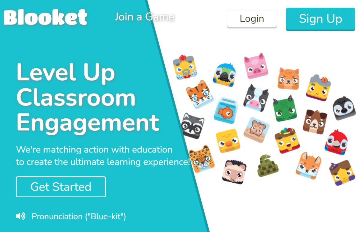 Screenshot of Blooket homepage that says "Level Up Classroom Engagement We're matching action with education to create the ultimate learning experience!"