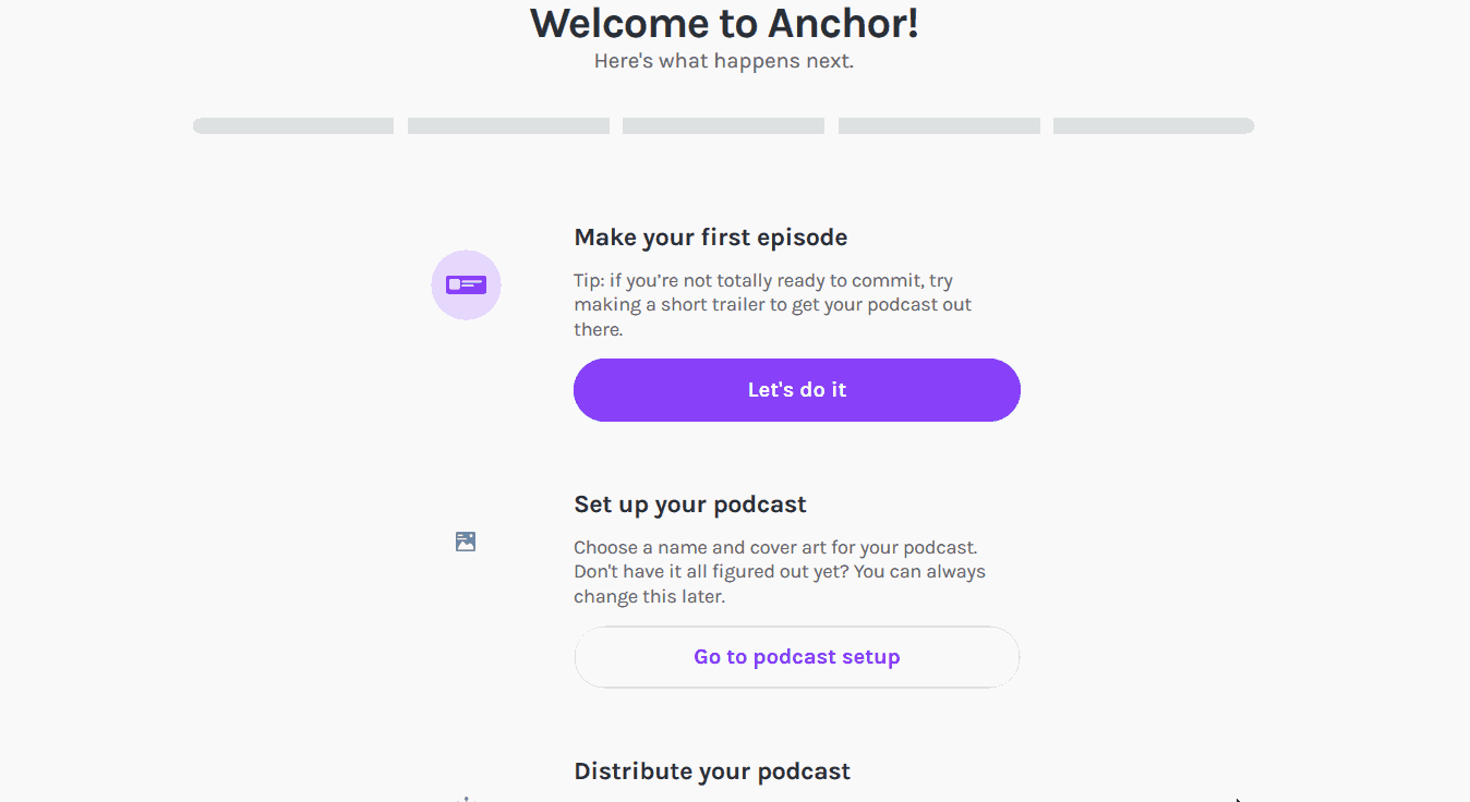 Animated GIF of starting Anchor.fm and clicking on Let's do it