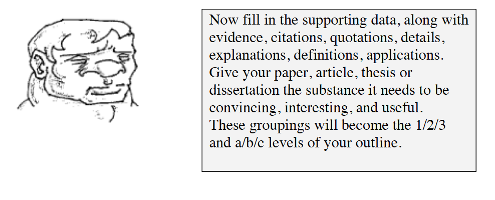 Now fill in the supporting data, along with evidence, citations, quotations, details, explanations, definitions, and applications. Give your paper, article, thesis or dissertation the substance it needs to be convincing, interesting, and useful. These groupings will become the 1, 2, 3 and a, b, c levels of your outline.