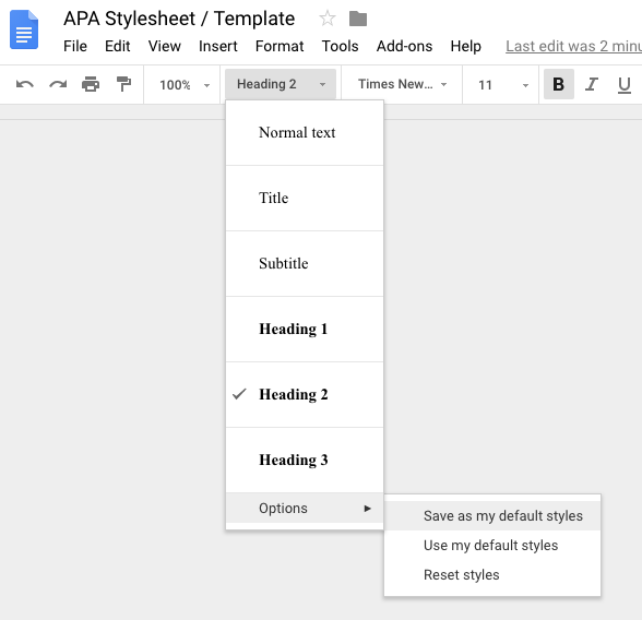 Setting APA styles as your default Google styles