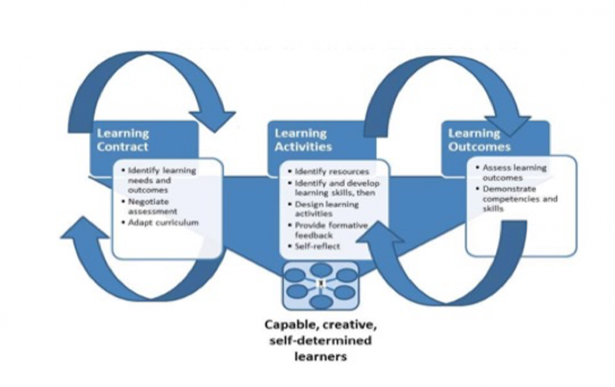 Diagram of heutagogy design for learners. Includes learning contract, learning activities, and learning outcomes.