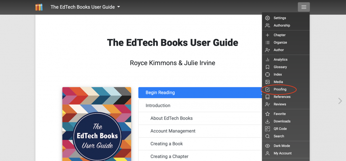 Screenshot showing the proofing tab in the menu on the cover of a book