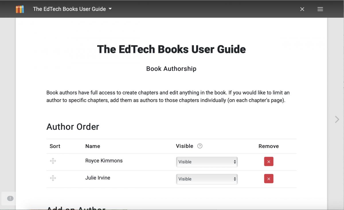 The image shows a screenshot of the author order in a book. It gives the options to sort authors, change their visibility on the book's cover, or remove them.