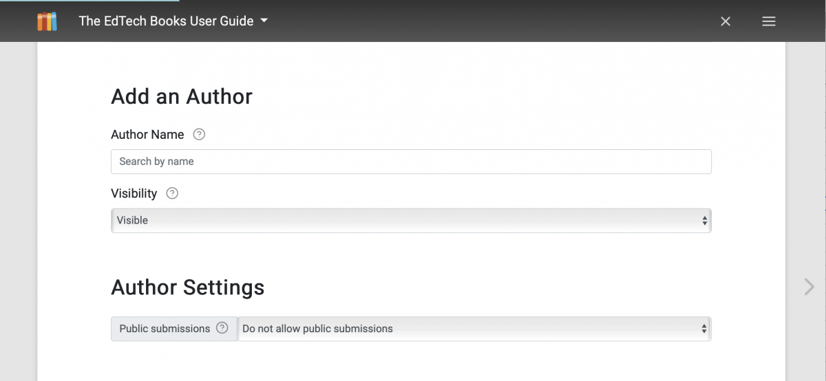 The image shows a screenshot of the add an author feature on EdTech Books.