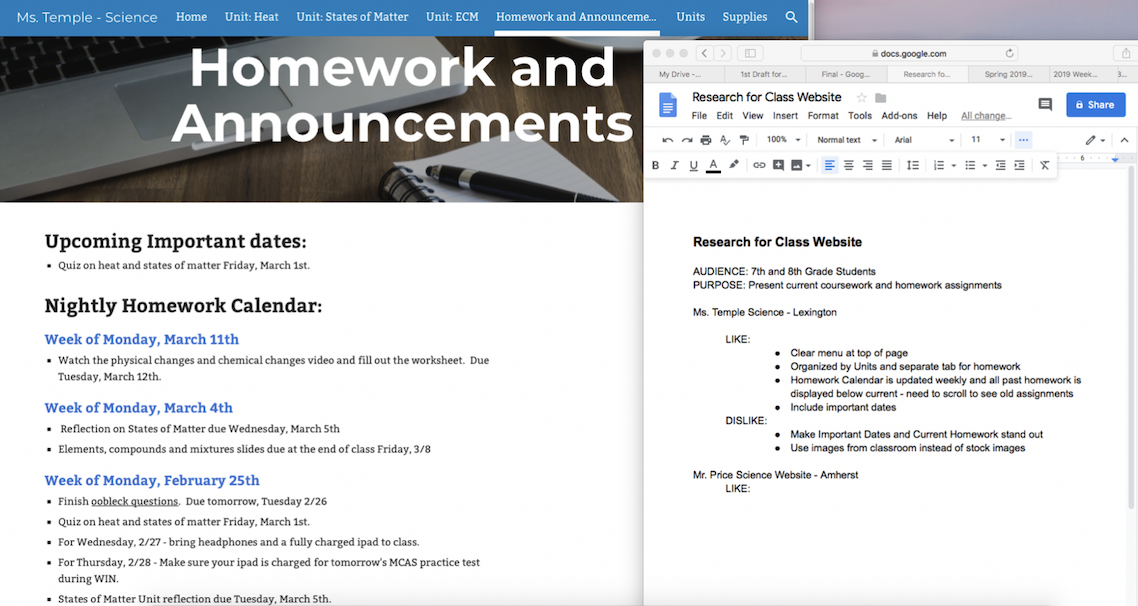 Using GoogleDocs to take notes on Likes & Dislikes of different websites