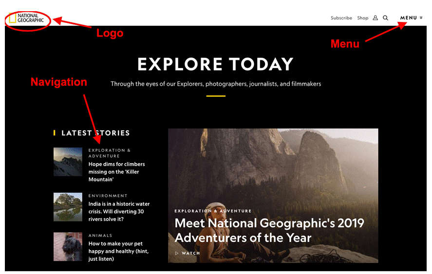 Screenshot of the top of National Geographic’s homepage, noting location of logo, menus and navigation bar.