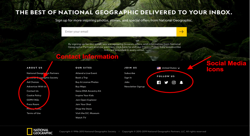 Screenshot of the bottom of National Geographic’s homepage, noting location of contact information and social media icons.