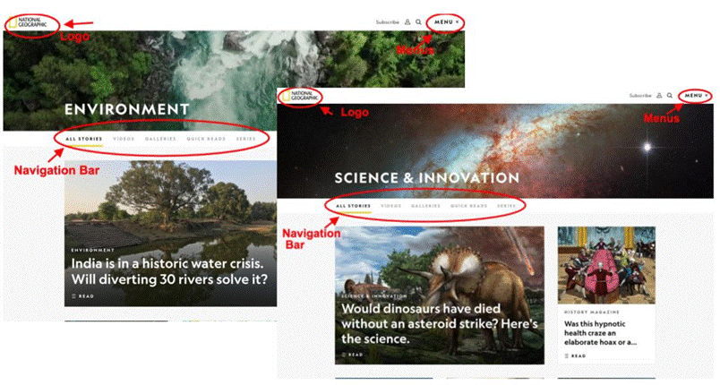 Pages within National Geographic’s website, noting consistency in the placement of web design elements like logo, navigation bar and menus.