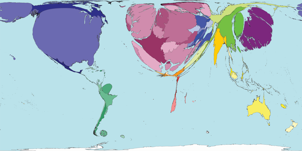 World scaled by number of documents in Web of Science by authors living there