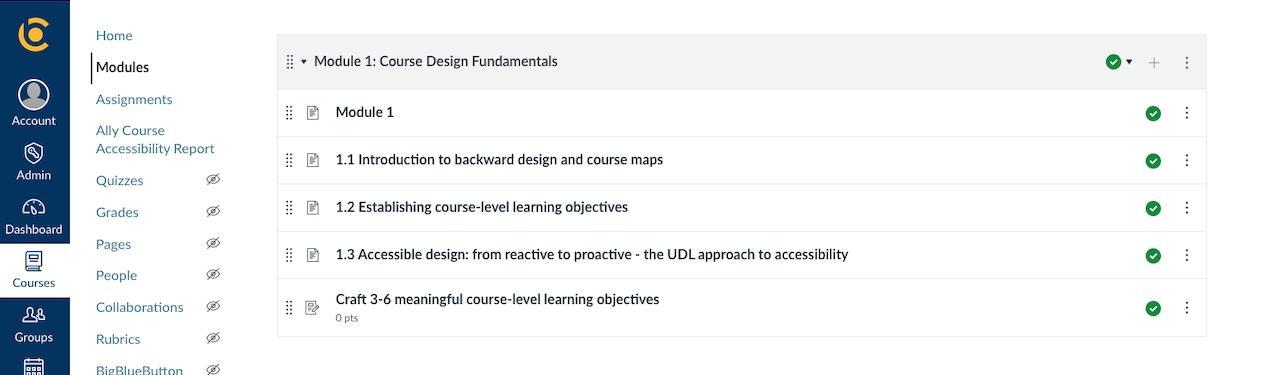 Screenshot of Module 1 Objectives on course design fundamentals