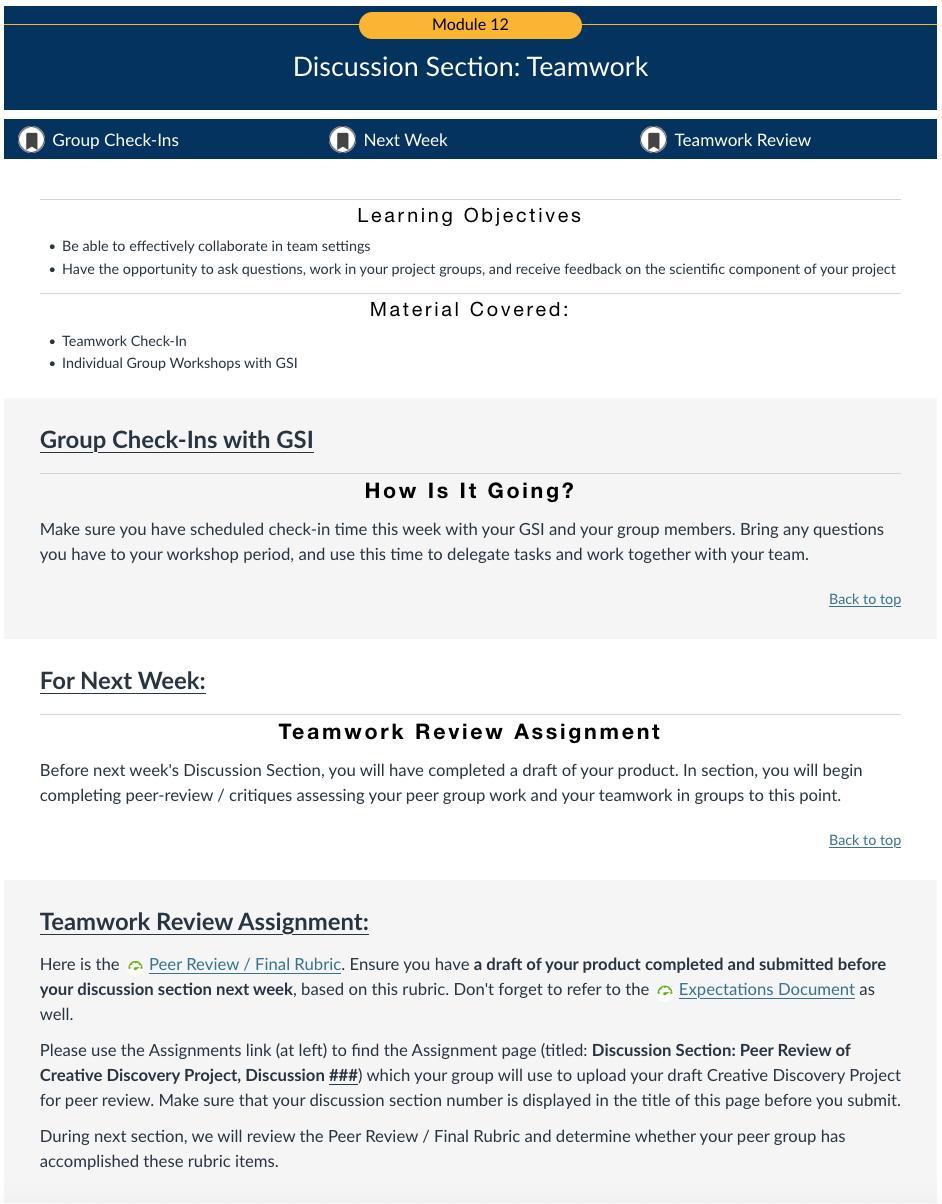 Screenshot of a module page on team discussion with learning objectives, material covered, group check in, and teamwork review assignment