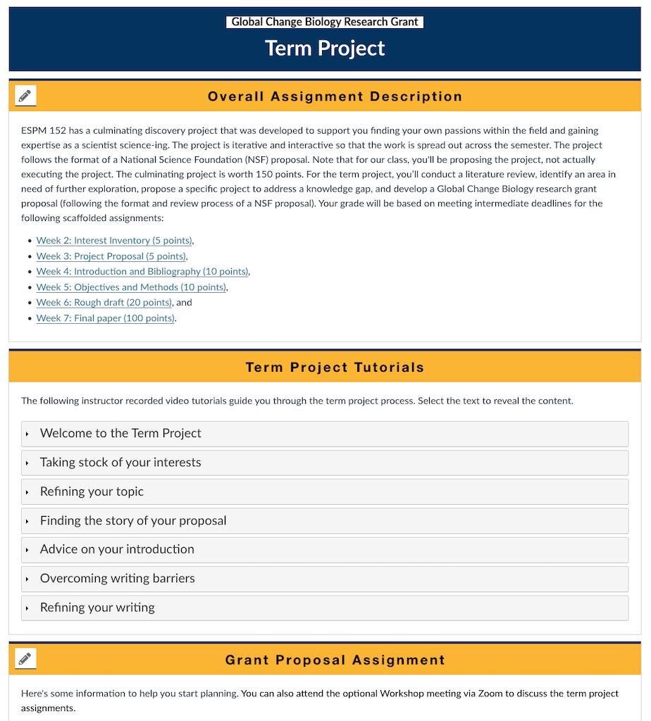 Screenshot of the description, assignment links, and project tutorials for a formative assessment