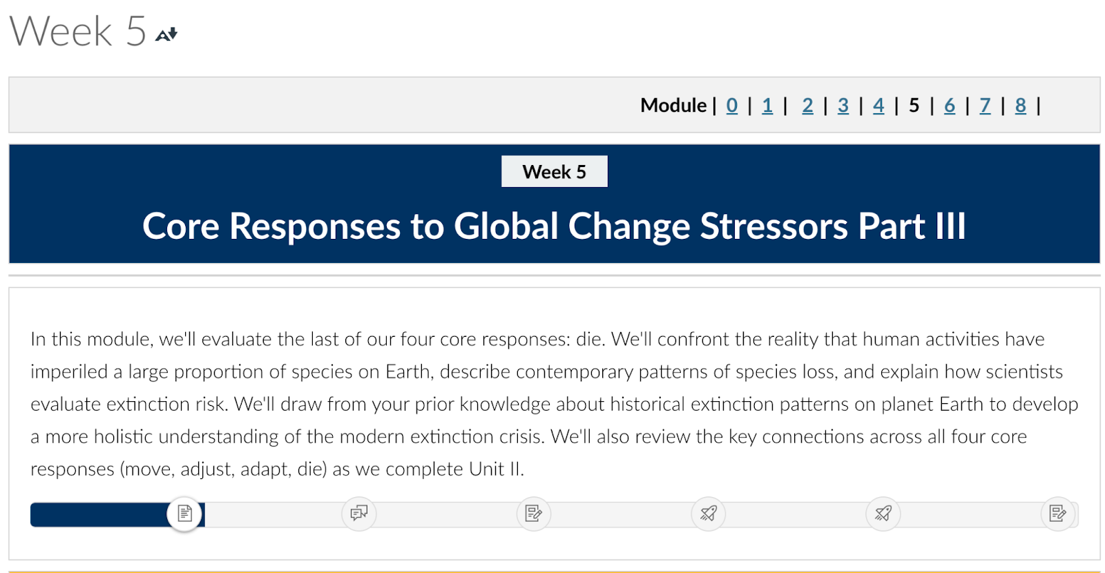 Screenshot of Week 5 module title with an introduction that ties in information learned from previous week's lesson.