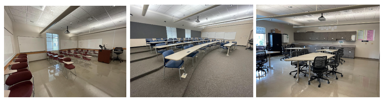This figure contaiins three images from left to right identifying the three types of classroom spaces in the College of Education. The left image is of a classroom with four rows of desks , totaling approximately 20 seats for students all facing a single direction. The middle image is of an auditorium style classroom that contains tiered seating of four rooms with roughly 12 chairs in each row.  The third image on the right is off a classroom with moveable tables that are grouped together to include about 5 chairs stated around each grouping. 