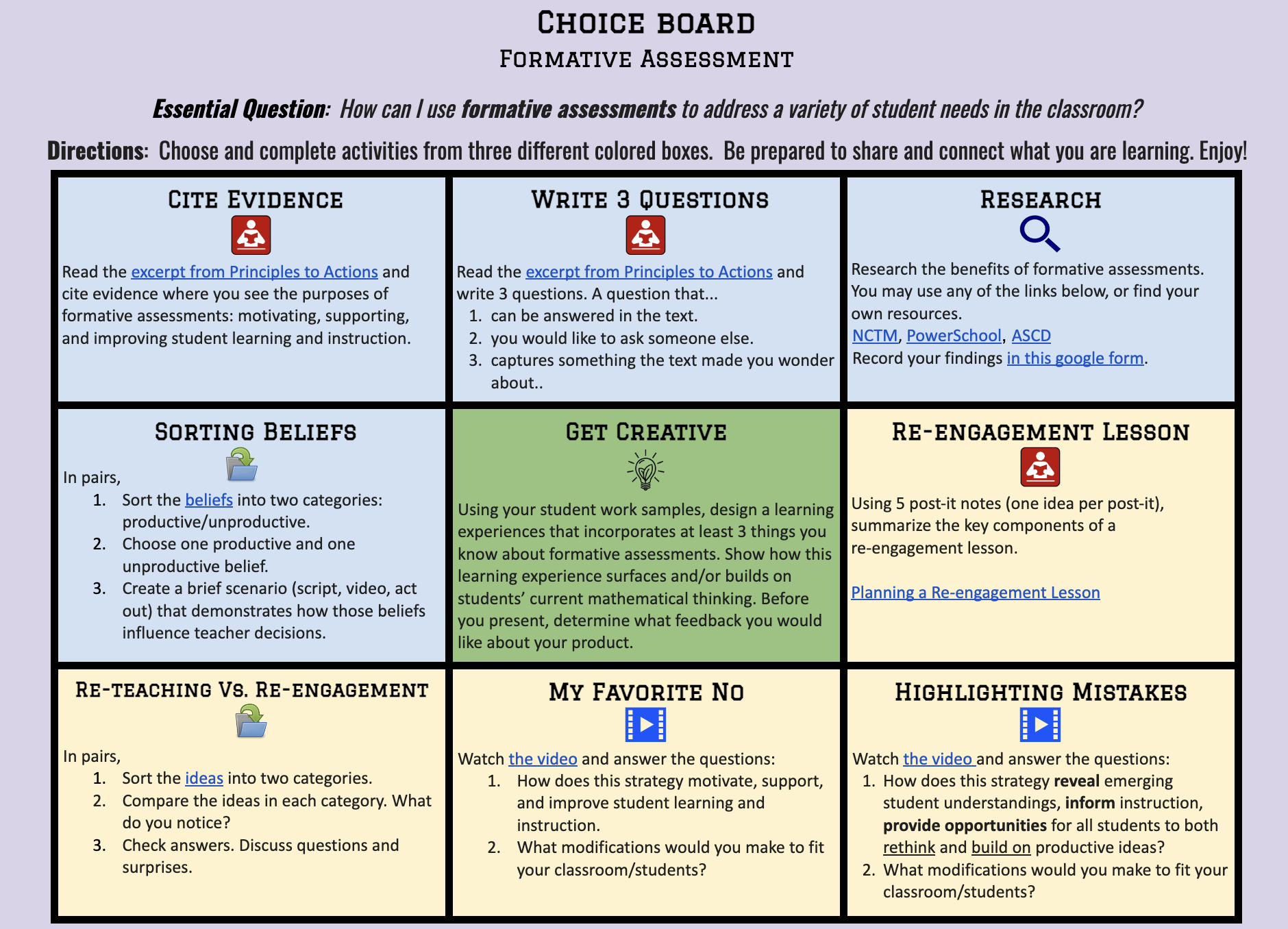 choice board from a math education course