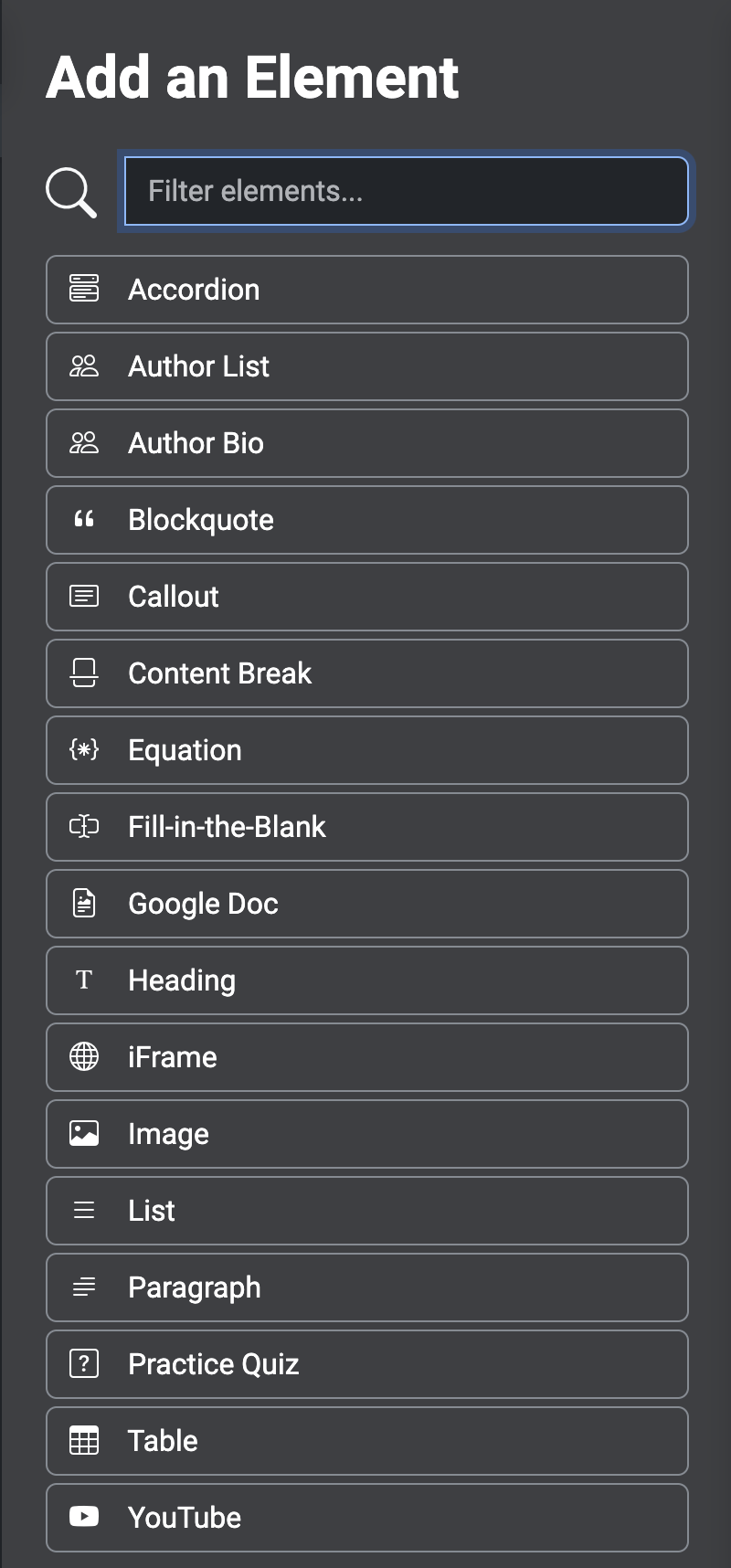 A screen shot of the EdTech Books editing interface. It shows the "Add an Element" tab, where creators can add an element to the textbook. 
